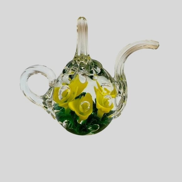 MAUDE & BOB ST CLAIR 1981 VTG Glass Teapot Paperweight Controlled Bubbles Roses - Picture 1 of 8